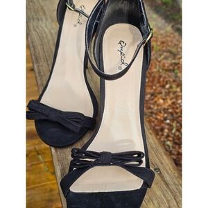 Qupid Womens Black Faux Suede Bow Ankle Strap Stiletto Heels Size 10